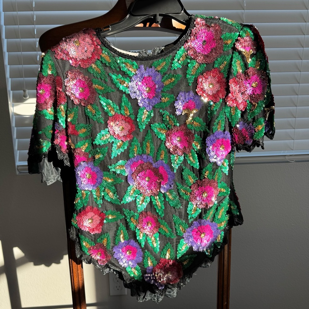 Laurence Kazar NY Vintage Silk Sequin Floral Beaded Top Black L Statement Blouse